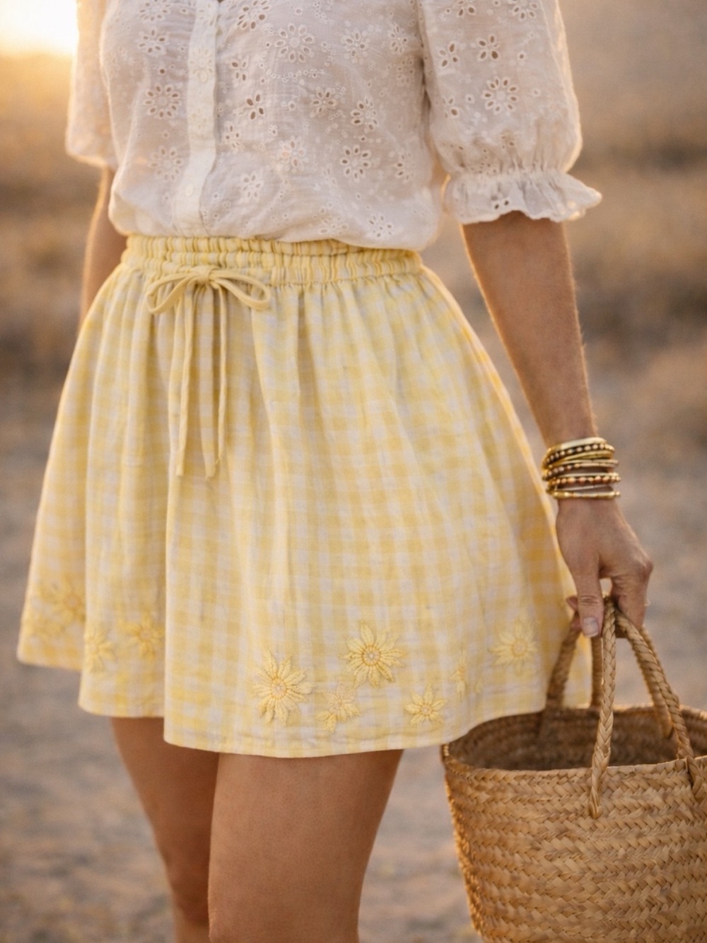 NWT Innika Choo Lemon Gingham Embroidered Mini Skirt Cottagecore Euro Summer O/S